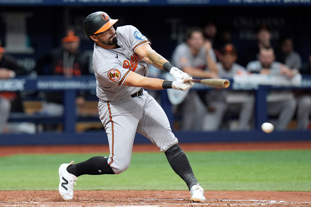 Baltimore Orioles' Christian Encarnacion-Strand connects for a three-run double off Tampa Bay Rays pitcher Joe Boyle during the sixth inning of a baseball game Sunday, Aug. 16, 2026, in St. Petersburg, Fla. (AP Photo/Chris O'Meara)