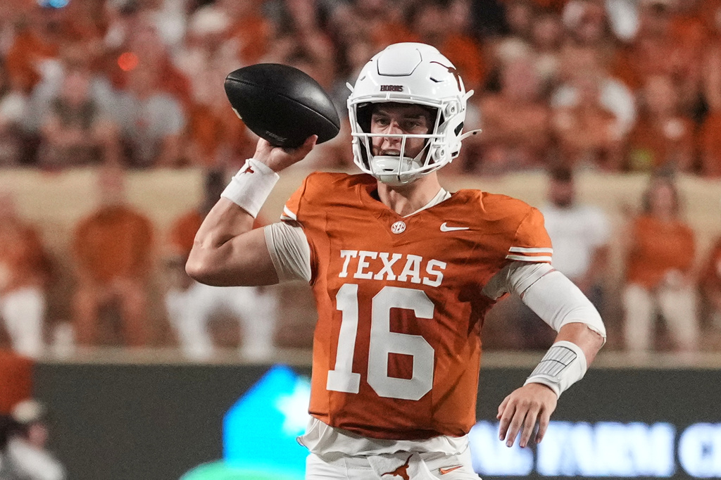 Texas quarterback Arch Manning throws a pass during the first half of an NCAA college football game against UTSA in Austin, Texas, Saturday, Sept. 19, 2026. (AP Photo/Eric Gay)