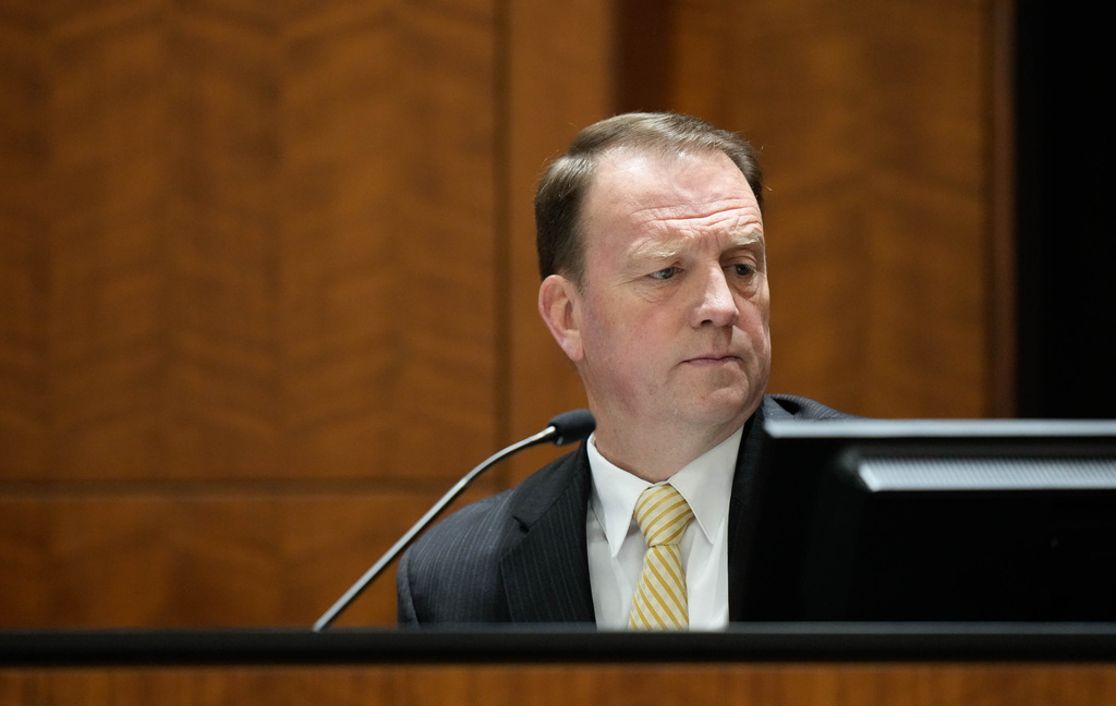 Deputy Utah County Attorney Christopher Ballard reviews a video from the witness stand during a hearing for Tyler Robinson, accused in the fatal shooting of Charlie Kirk, in 4th District Court in Provo, Utah, on Friday, June 12, 2026. (Francisco Kjolseth /The Salt Lake Tribune via AP, Pool)