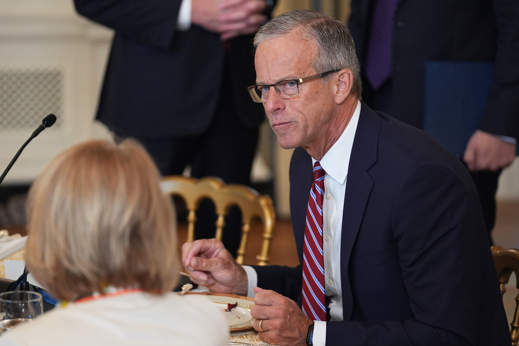 Senate Majority Leader John Thune, R-S.D., attends a breakfast with other Senate Republicans in the State Dining Room of the White House, Wednesday, Nov. 5, 2025, in Washington. (AP Photo/Evan Vucci)