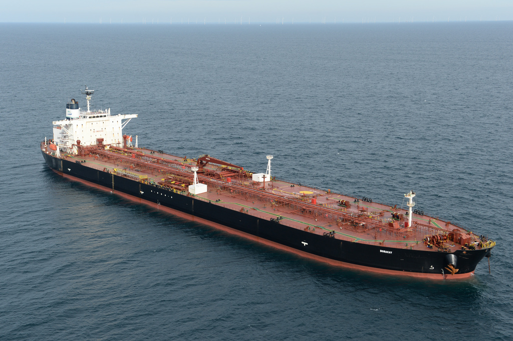 FILE - The tanker Boracay that allegedly belongs to Russia's so-called shadow fleet, is seen Oct. 2, 2025, off Saint-Nazaire, France's Atlantic coast. (AP Photo/Mathieu Pattier, File)