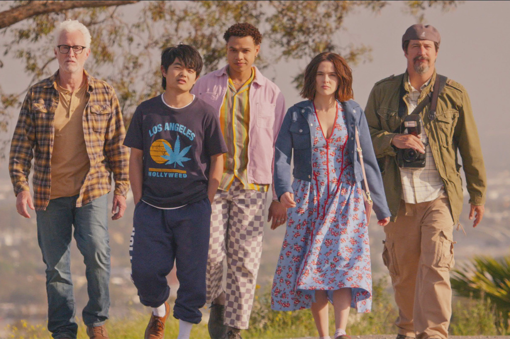 This image released by Sony Pictures Classics shows, from left, John Slattery, Ben Wang, Miles Gutierrez-Riley, Zoey Deutch, and Ken Marino, in a scene from "Gail Daughtry and the Celebrity Sex Pass." (Sony Pictures Classics via AP)