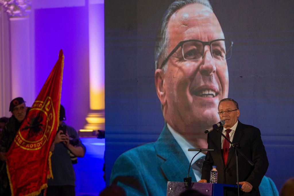 Leader of the PDK (Democratic Party of Kosovo) Bedri Hamza speaks to supporters during election rally in the town of Ferizaj on Thursday, Dec. 25, 2025. (AP Photo/Visar Kryeziu)