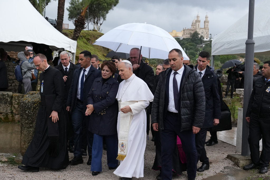 Pope Leo XIV visits the archaeological site of Hippo, in Annaba, Algeria, Tuesday, April 14, 2026, on the second day of an 11-day apostolic journey to Africa. (AP Photo/Andrew Medichini)