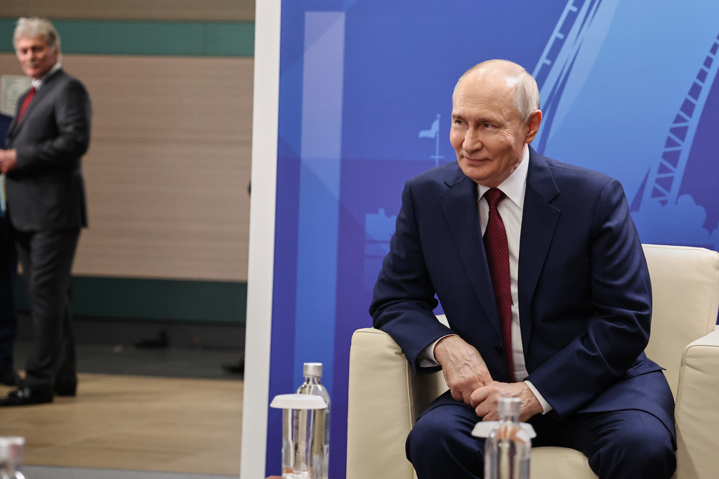 Russian President Vladimir Putin sits prior to a plenary session at the St. Petersburg International Economic Forum in St. Petersburg, Russia, on Friday, June 5, 2026. (AP Photo/Dmitri Lovetsky)