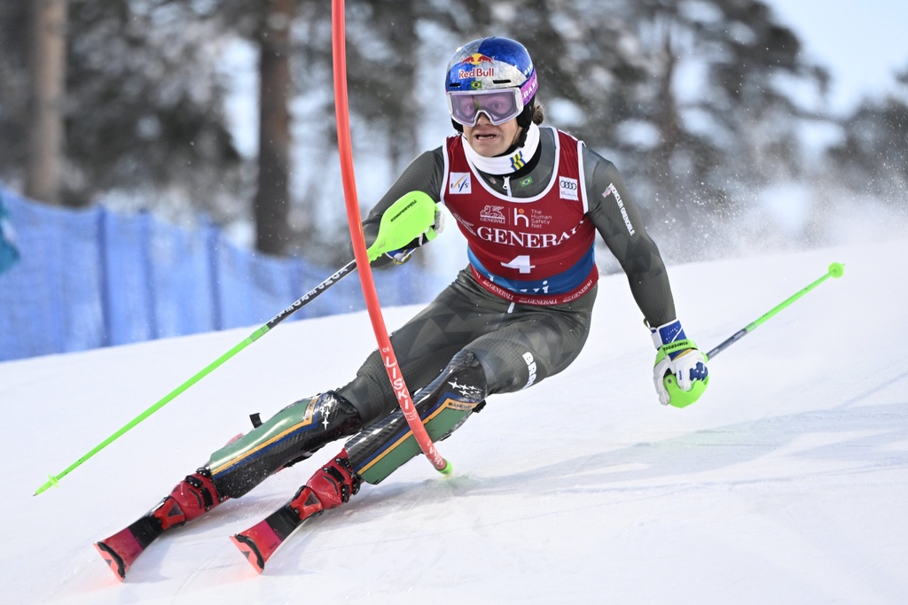 Brazil's Lucas Pinheiro Braathen speeds down the course during an alpine ski, men’s World Cup slalom, in Levi, Finland, Sunday, Nov. 16, 2025. (Roni Rekomaa/Lehtikuva via AP)