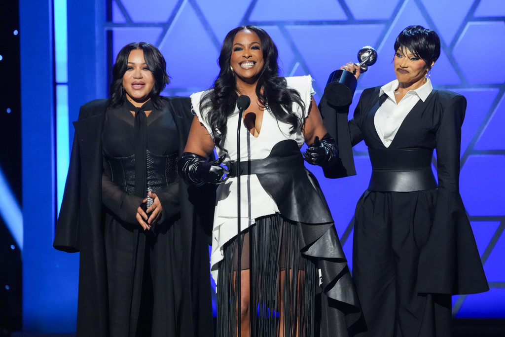 Cheryl "Salt" James, from left, Deidra "Spinderella" Roper, and Sandra "Pepa" Denton of 'Salt-N-Pepa' accept the Hall of Fame award during the 57th NAACP Image Awards on Saturday, Feb. 28, 2026, in Pasadena, Calif. (AP Photo/Chris Pizzello)