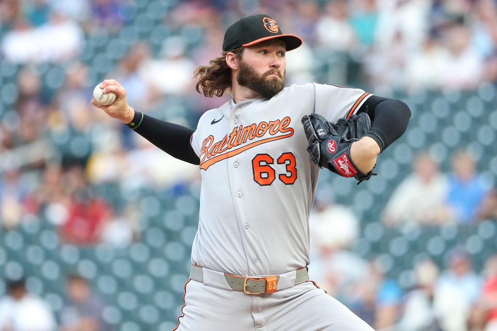 Baltimore Orioles starting pitcher Brandon Young delivers against the Minnesota Twins during the first inning of a baseball game, Tuesday, Aug. 11, 2026, in Minneapolis. (AP Photo/Matt Krohn)