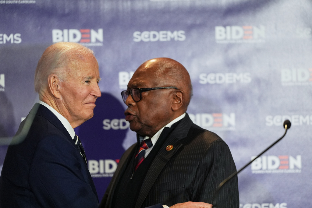 Former President Joe Biden embraces Rep. Jim Clyburn, D-S.C., before speaking to the South Carolina Democratic Party on Friday, Feb. 27, 2026, in Columbia, S.C. (AP Photo/Matt Kelley)