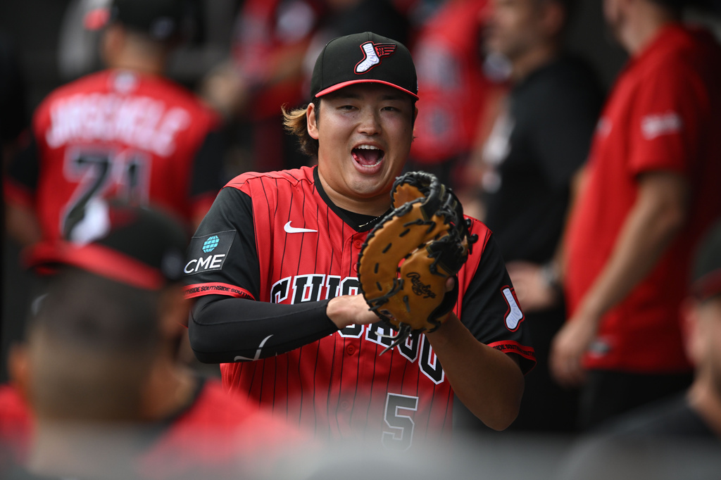 Chicago White Sox's Munetaka Murakami yells in the dugout before a baseball game against the Athletics in Chicago, Friday, July 10, 2026. (AP Photo/Paul Beaty)