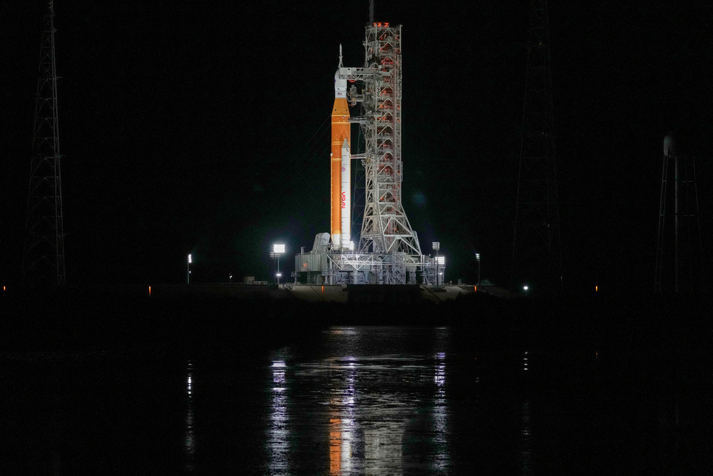 The NASA Artemis II SLS (Space Launch System) rocket with the Orion spacecraft is seen at Launch Complex 39B at the Kennedy Space Center, Sunday, Feb. 1, 2026, in Cape Canaveral, Fla. (AP Photo/John Raoux)