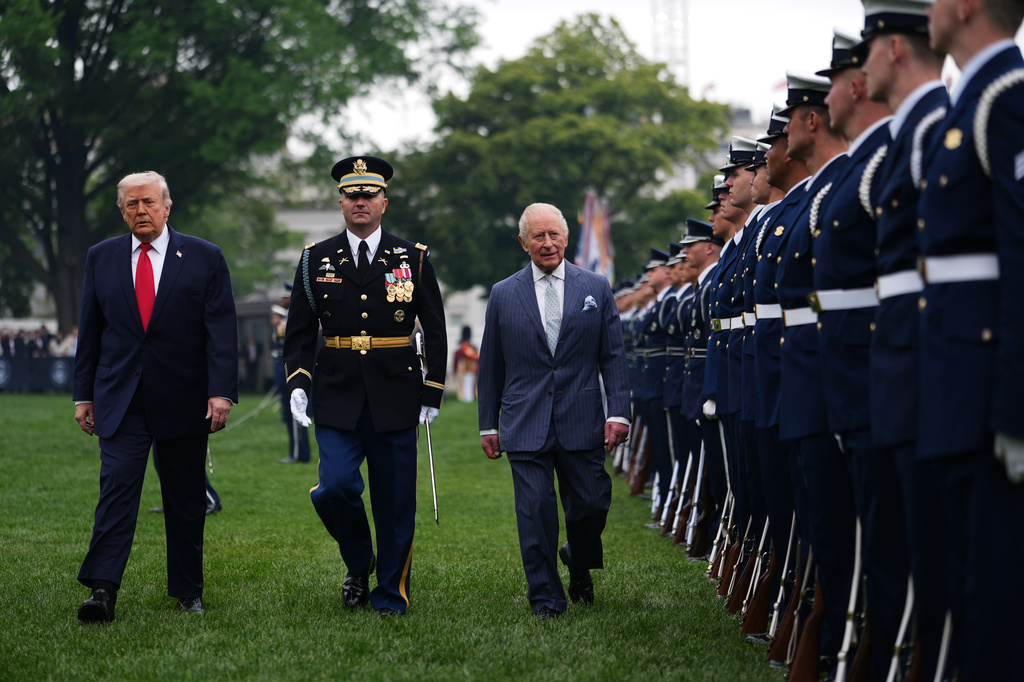 President Donald Trump, left, and King Charles III depart an arrival ceremony on the South Lawn of the White House, Tuesday, April 28, 2026, in Washington. (AP Photo/Julia Demaree Nikhinson)