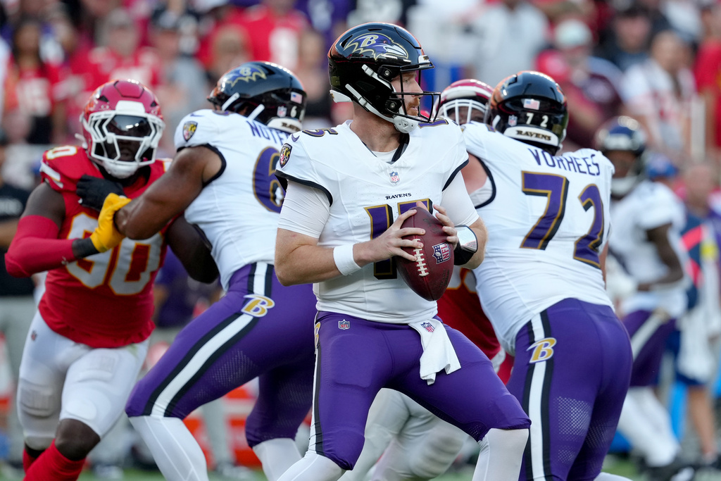 Baltimore Ravens quarterback Cooper Rush drops back to pass during the second half of an NFL football game against the Kansas City Chiefs Sunday, Sept. 28, 2025, in Kansas City, Mo. (AP Photo/Ed Zurga)
