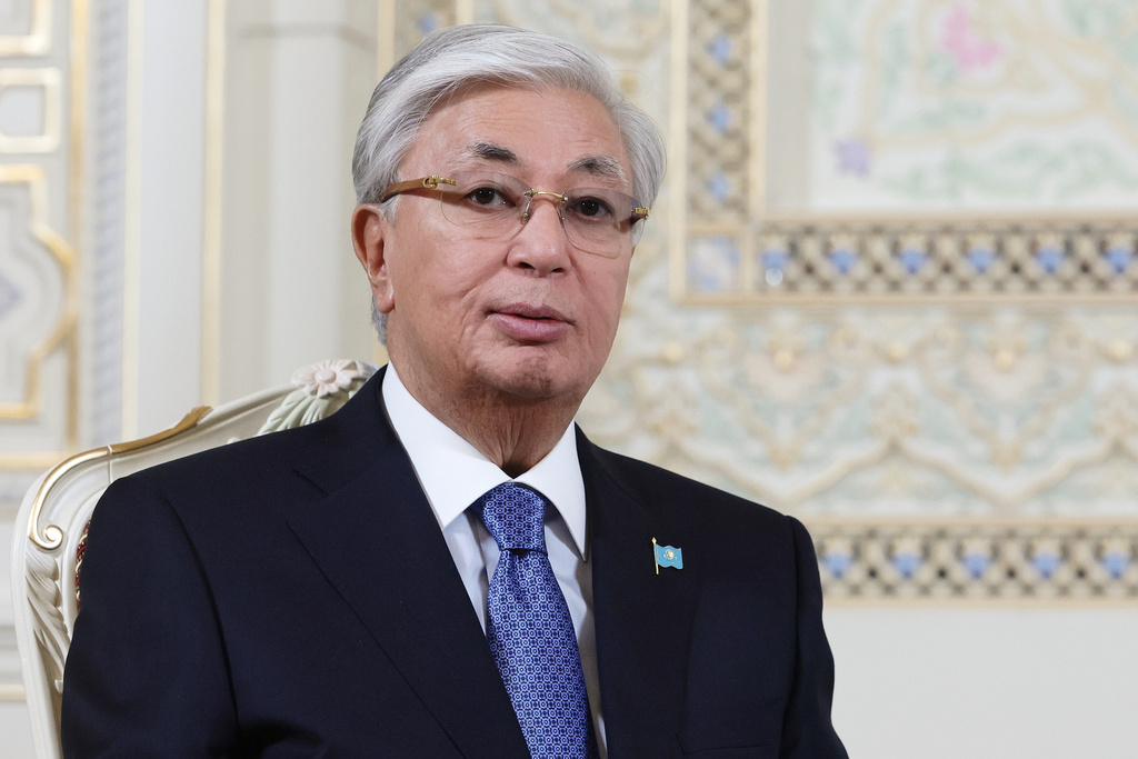 FILE - Kazakh President Kassym-Jomart Tokayev attends a meeting with Russian President Vladimir Putin on the sidelines of the summit of the Commonwealth of Independent States at the Palace of the Nation in Dushanbe, Tajikistan, Oct. 10, 2025. (Vladimir Smirnov, Sputnik, Kremlin Pool Photo via AP, File)