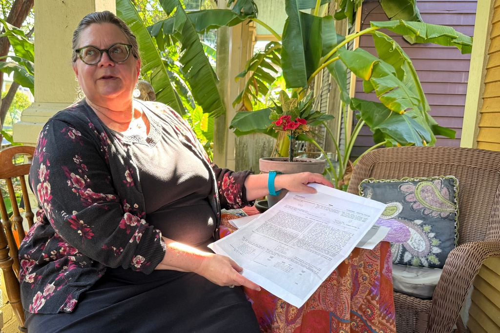 Tulane University classical archeologist Susann Lusnia explains her investigation into the backstory of the 1,900-year-old gravestone for a Roman sailor which had been missing for decades from an Italian museum, on Thursday, Oct. 9, 2025. (AP Photo/Jack Brook)
