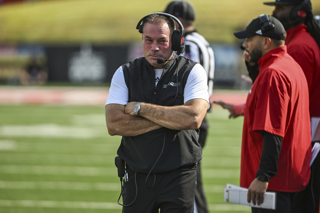 Arkansas State coach Butch Jones is seen on the sidelines an NCAA college football against Iowa State, Saturday, Sept. 13, 2025, in Jonesboro, Ark. (AP Photo/Michael Woods)