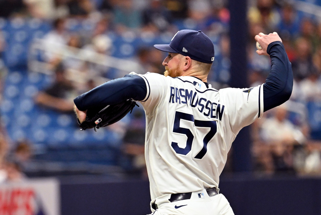 Tampa Bay Rays pitcher Drew Rasmussen throws during the first inning of a baseball game against the Kansas City Royals Monday, June 22, 2026, in St. Petersburg, Fla. (AP Photo/Jason Behnken)