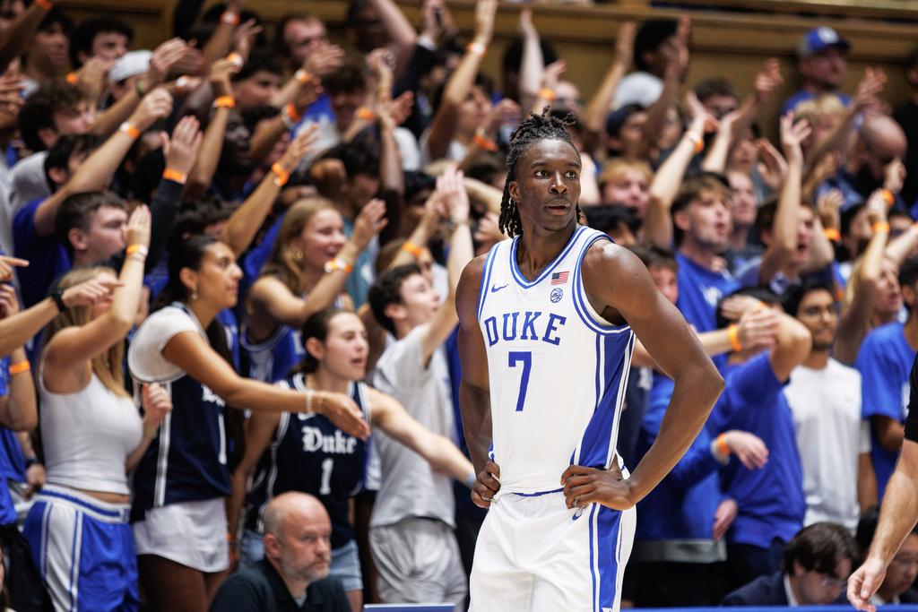 FILE - Duke's Dame Sarr looks towards the court during the second half of an NCAA college basketball exhibition game against Belmont in Durham, N.C., Oct. 8, 2026. (AP Photo/Ben McKeown, File)