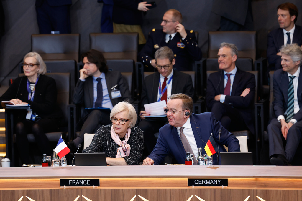 Germany's Defense Minister Boris Pistorius, right, speaks with French Defense Minister Catherine Vautrin during a meeting of the North Atlantic Council in Defense Ministers Session at NATO headquarters in Brussels, Thursday, Feb. 12, 2026. (AP Photo/Geert Vanden Wijngaert)