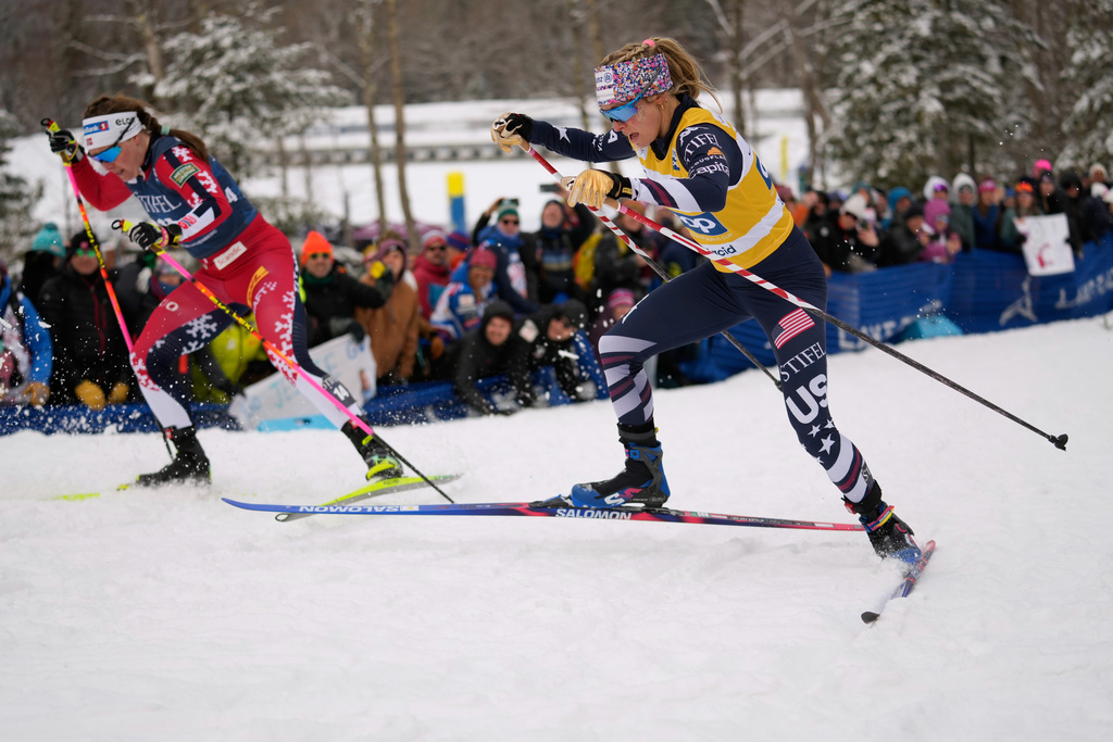 United States' Jessie Diggins, right, competes during the women's World Cup Finals Sprint Free cross country skiing race Saturday, March 21, 2026, in Lake Placid, N.Y. (AP Photo/Robert F. Bukaty)
