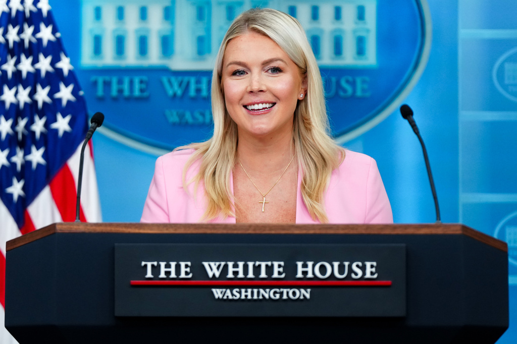 FILE - White House press secretary Karoline Leavitt speaks with reporters in the James Brady Press Briefing Room at the White House, July 16, 2026, in Washington. (AP Photo/Julia Demaree Nikhinson, File)