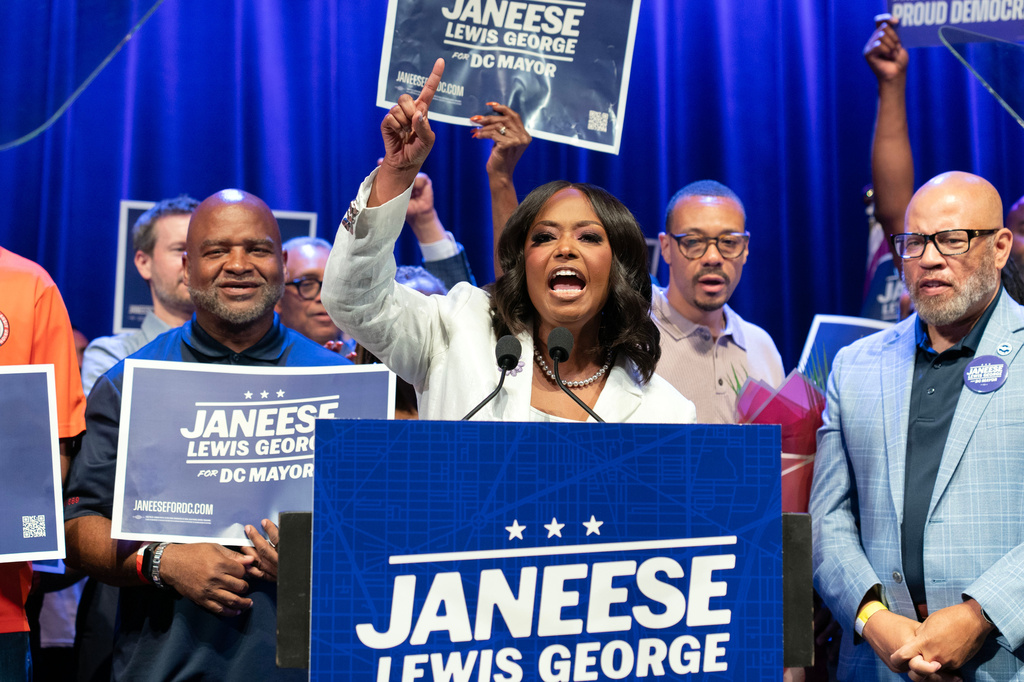 D.C. Council member Janeese Lewis George speaks to the crowd after winning D.C. Mayor primary election during an election night party at the Howard Theatre Tuesday, June 16, 2026, in Washington. (AP Photo/Jose Luis Magana)