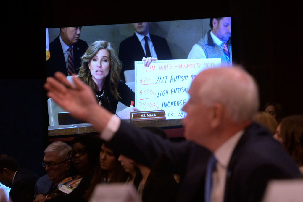 Rep. Nancy Mace, R-S.C., on screen, speaks with Gov. Tim Walz, D-Minn., front, during a House Committee on Oversight and Government Reform hearing on oversight of fraud and misuse of Federal funds in Minnesota, Wed., March 4, 2026, on Capitol Hill in Washington. (AP Photo/Rod Lamkey, Jr.)