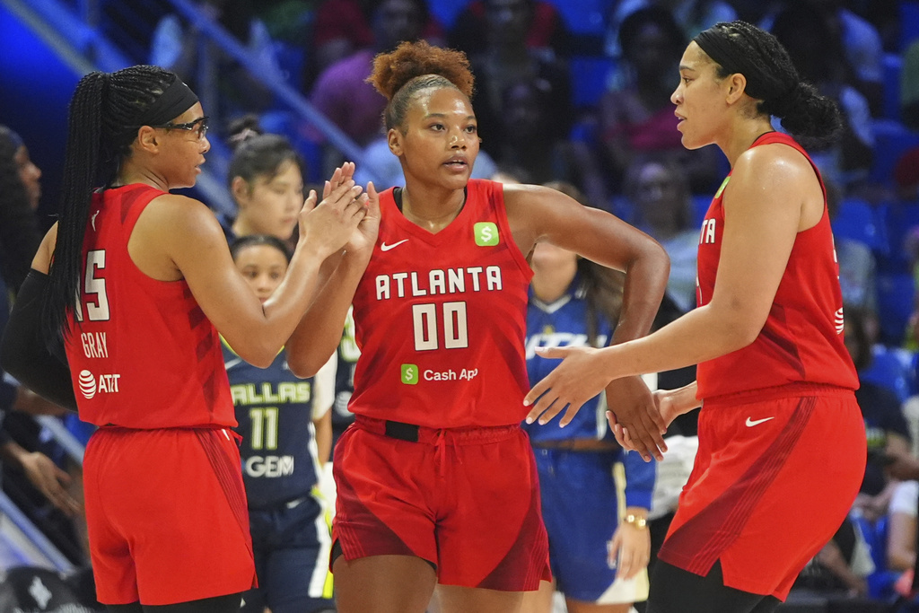 FILE - Atlanta Dream forward Naz Hillmon (00) celebrates with teammates guard Allisha Gray (15) and forward Brionna Jones (24) during the second half of a WNBA basketball game against the Dallas Wings in Arlington, Texas, Wednesday, July 30, 2025. (AP Photo/LM Otero, File)