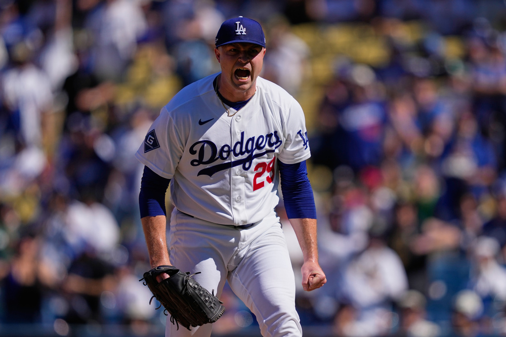 Los Angeles Dodgers starting pitcher Tarik Skubal celebrates after striking out Atlanta Braves' Austin Riley during the fifth inning of Game 1 of a National League Division Series baseball game Saturday, Oct. 3, 2026, in Los Angeles. (AP Photo/Mark J. Terrill)
