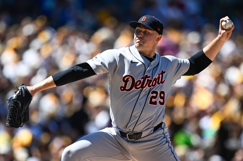 Detroit Tigers pitcher Tarik Skubal delivers during the second inning of an opening-day baseball game against the San Diego Padres Thursday, March 26, 2026, in San Diego. (AP Photo/Denis Poroy)