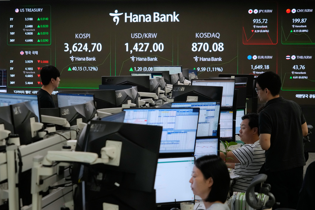 Currency traders work near a screen showing the Korea Composite Stock Price Index (KOSPI), top center left, and the foreign exchange rate between U.S. dollar and South Korean won, top center, at the foreign exchange dealing room of the Hana Bank headquarters in Seoul, South Korea, Tuesday, Oct. 14, 2025. (AP Photo/Ahn Young-joon)
