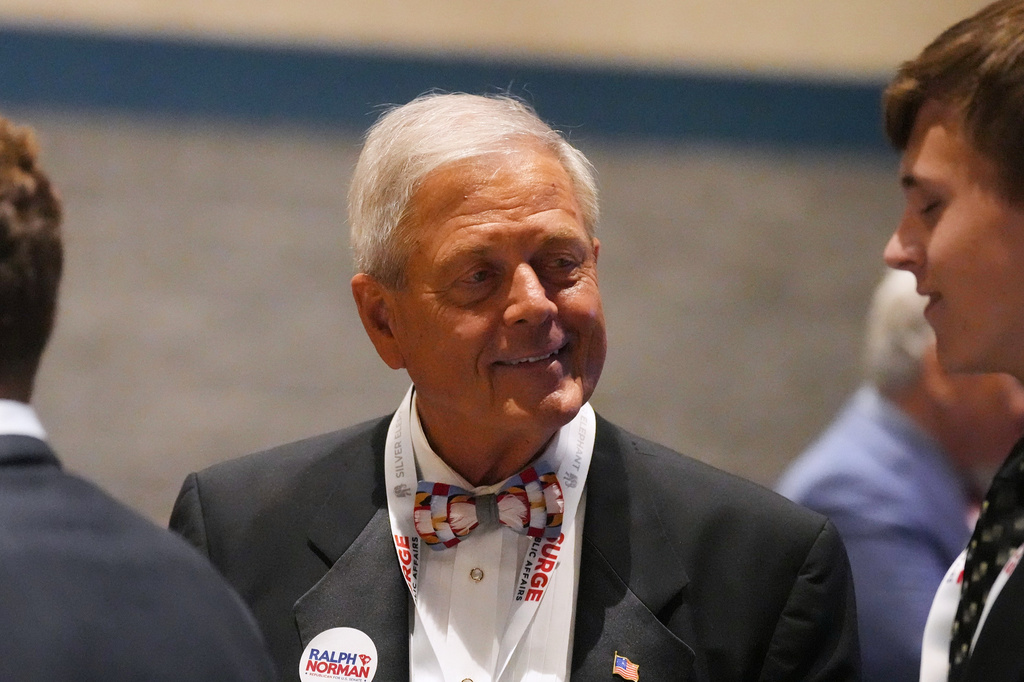 U.S. Rep. Ralph Norman, R-S.C., speaks with attendees at the South Carolina Republican Party's Silver Elephant Gala on Saturday, Aug. 15, 2026, in Columbia, S.C. (AP Photo/Meg Kinnard)