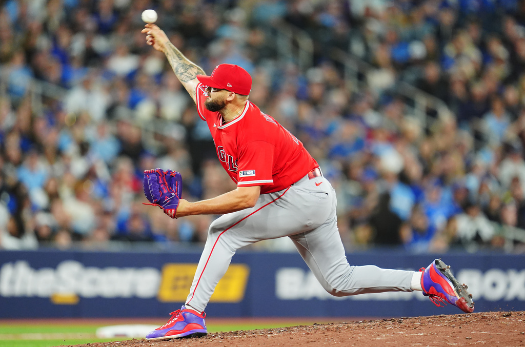 Los Angeles Angels pitcher Alek Manoah works against the Toronto Blue Jays during the eighth inning of a baseball game in Toronto, Friday, May 8, 2026. (Frank Gunn/The Canadian Press via AP)
