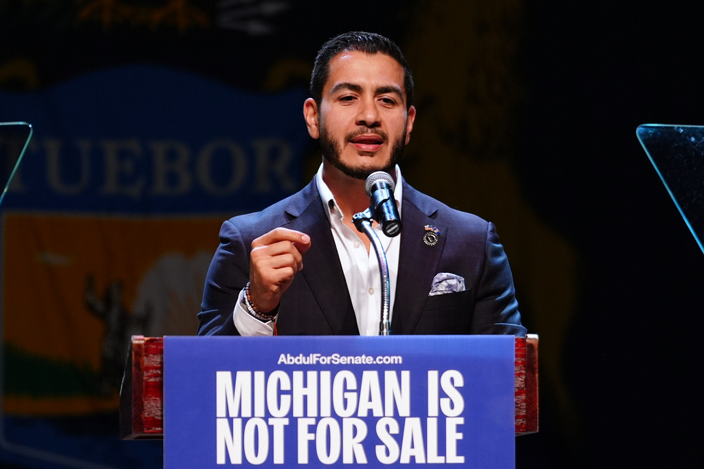 Abdul El-Sayed, a progressive candidate in the Democratic primary for U.S. Senate in Michigan, speaks during a primary election night event Wednesday, Aug. 5, 2026, at the Majestic Theatre in Detroit. (AP Photo/Julia Demaree Nikhinson)