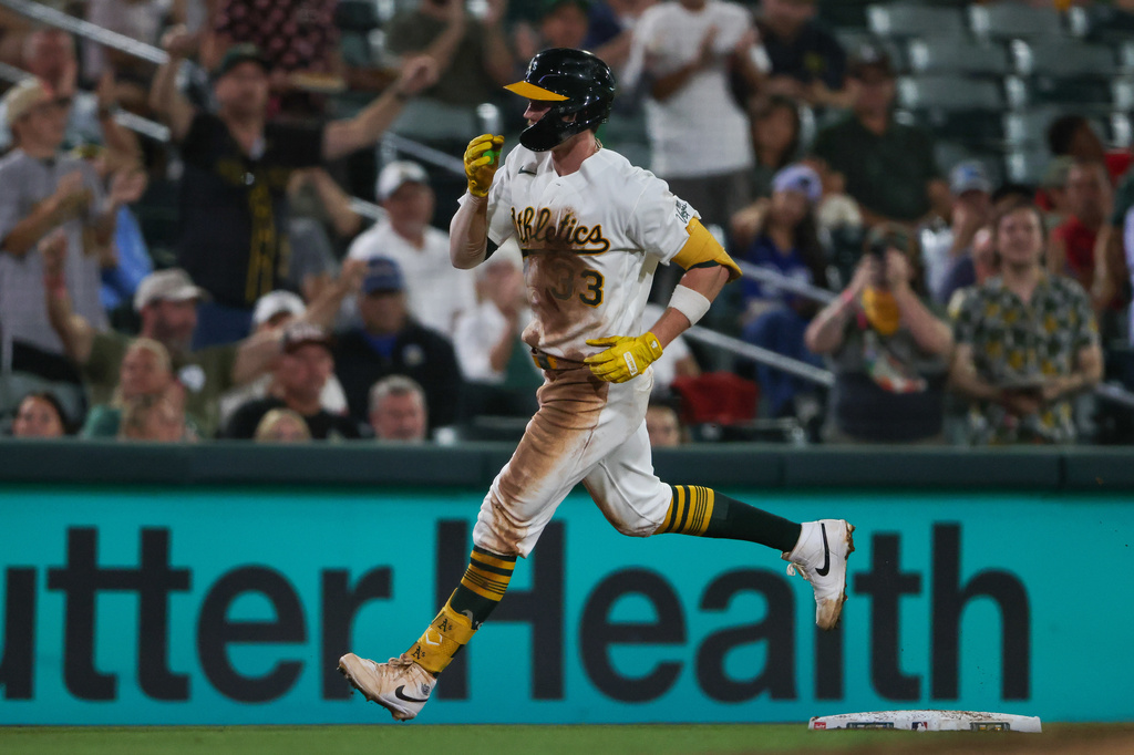Athletics' Henry Bolte jogs around the bases after hitting a solo home run during the fifth inning of a baseball game against the Toronto Blue Jays, Monday, Sept. 7, 2026, in West Sacramento, Calif. (AP Photo/Scott Marshall)