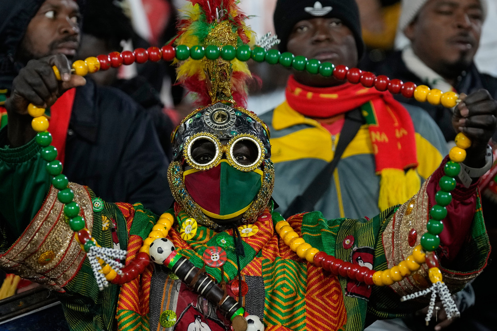 A Mali fan cheers before the Africa Cup of Nations best of 16 soccer match between Mali and Tunisia in Casablanca, Morocco, Saturday, Jan. 3, 2026. (AP Photo/Themba Hadebe)