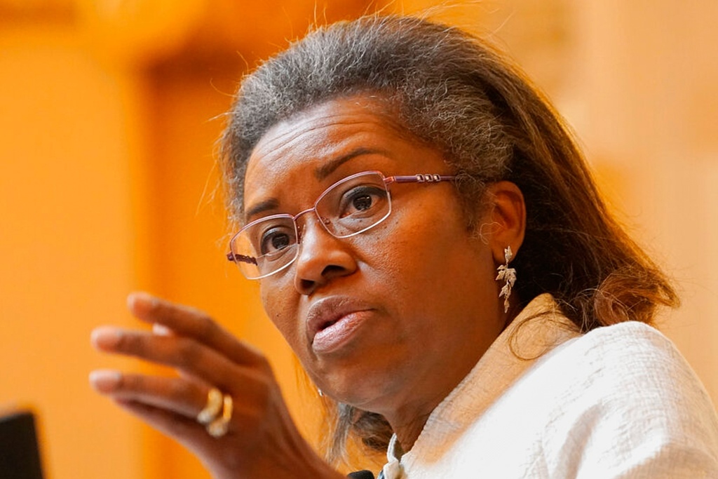 FILE - Virginia Lt. Gov. Winsome Earle-Sears gestures as she presides over the Senate at the Capitol, Feb. 8, 2022, in Richmond, Va. (AP Photo/Steve Helber, File)