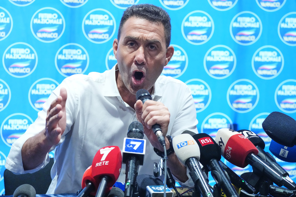 EU Parliament member and former Italian army general Roberto Vannacci speaks during a press conference as he concludes the two-day founding congress of his far-right party, Futuro Nazionale (National Future) in Rome, Sunday, June 14, 2026. (AP Photo/Gregorio Borgia)