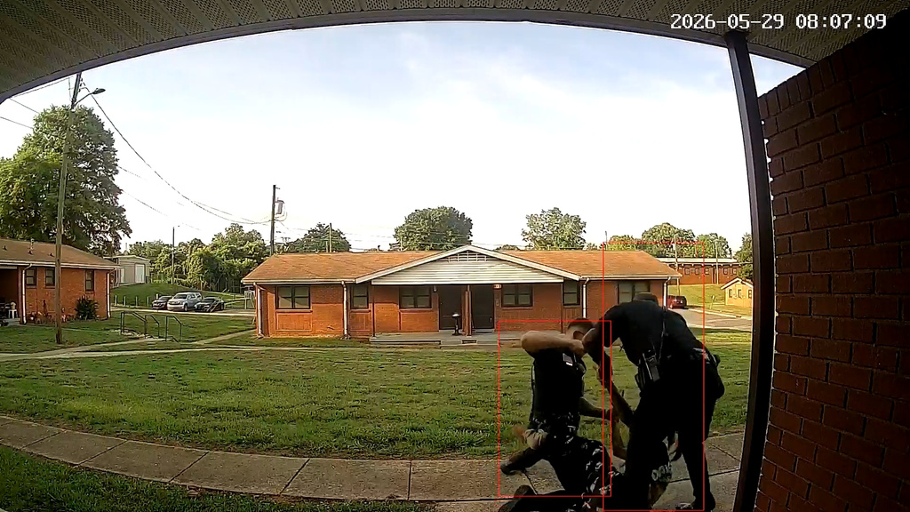 This doorbell camera video shows former North Carolina police officer Karson Hyder interaction with Cherrie Moore during an incident on May 29, 2026, in Shelby, N.C. (AP Photo)