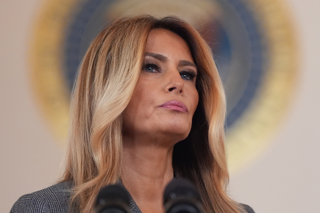 First lady Melania Trump speaks to reporters Thursday, April 9, 2026, in the Grand Foyer of the White House in Washington. (AP Photo/Jacquelyn Martin)
