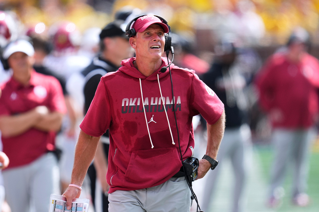Oklahoma head coach Brent Venables watches against Michigan in the second half of an NCAA college football game Saturday, Sept. 12, 2026, in Ann Arbor, Mich. (AP Photo/Paul Sancya)