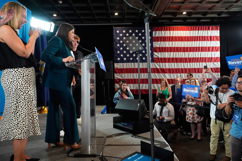 Rep. Haley Stevens, D-Mich., a candidate in the Democratic primary for U.S. Senate in Michigan, speaks during a primary election night event Wednesday, Aug. 5, 2026, in Detroit. (AP Photo/Paul Sancya)