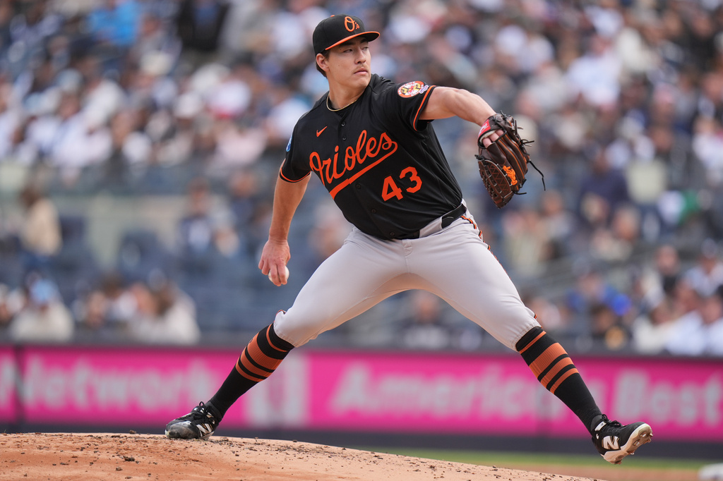 Baltimore Orioles pitcher Trey Gibson throws during the first inning of a baseball game against the New York Yankees, Sunday, May 3, 2026, in New York. (AP Photo/Seth Wenig)