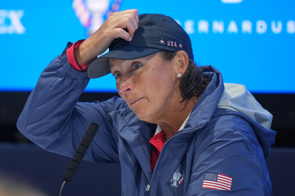 Angela Stanford, United States captain, attends a press conference after her team lost the Solheim Cup in Den Bosch, Netherlands, Sunday, Sept. 13, 2026. (AP Photo/Alastair Grant)
