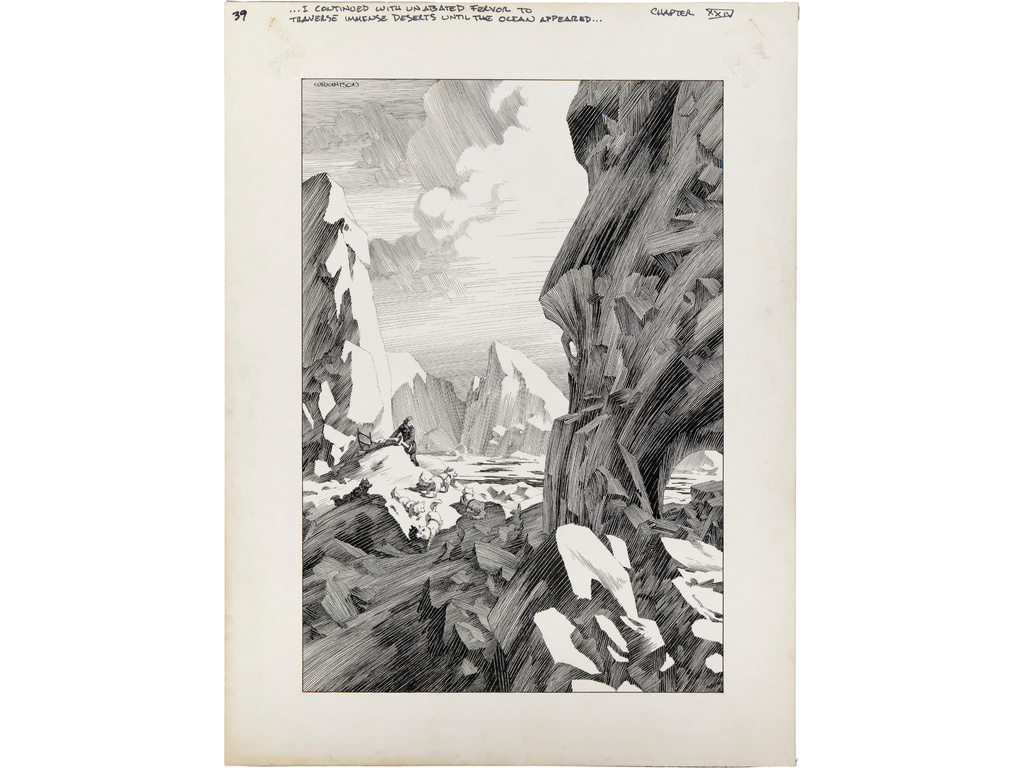 This image released by Heritage Auctions shows original art by Bernie Wrightson from Mary Wollstonecraft Shelley's Novel "Frankenstein," an item up for auction from the collection of filmmaker Guillermo del Toro. (Heritage Auctions via AP)