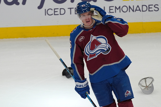 Colorado Avalanche left wing Victor Olofsson gestures to the crowd after scoring his third goal in the third period of an NHL hockey game against the New Jersey Devils Tuesday, Oct. 28, 2025, in Denver. (AP Photo/David Zalubowski) Colorado Avalanche left wing Victor Olofsson gestures to the crowd after scoring his third goal in the third period of an NHL hockey game against the New Jersey Devils Tuesday, Oct. 28, 2025, in Denver. (AP Photo/David Zalubowski)