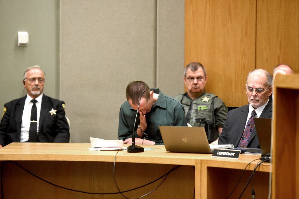 Robert Tulloch wipes away a tear during his resentencing hearing on Monday, July 13, 2026, in Grafton Superior Court in North Haverhill, N.H. (Jennifer Hauck/Valley News via AP, Pool)