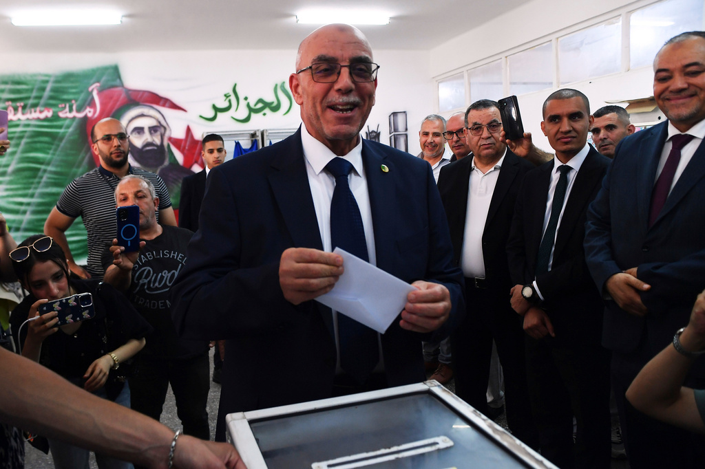 The President of the Movement of Society for Peace (MSP), Abdelali Hassani Cherif speaks before voting for the parliamentary elections in Algiers, Algeria, Thursday, July 2, 2026. (AP Photo/Fateh Guidoum)