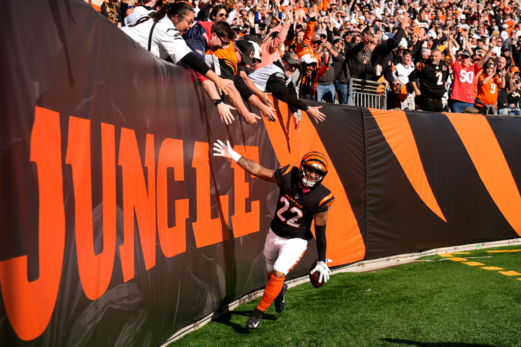 Cincinnati Bengals safety Geno Stone celebrates after returning an interception for a touchdown during the first half of an NFL football game against the New England Patriots, Sunday, Nov. 23, 2025, in Cincinnati. (AP Photo/Carolyn Kaster)