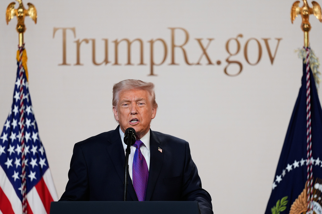 FILE - President Donald Trump speaks about TrumpRx in the South Court Auditorium in the Old Eisenhower Executive Office Building on the White House campus, Feb. 5, 2026, in Washington. (AP Photo/Alex Brandon, File)